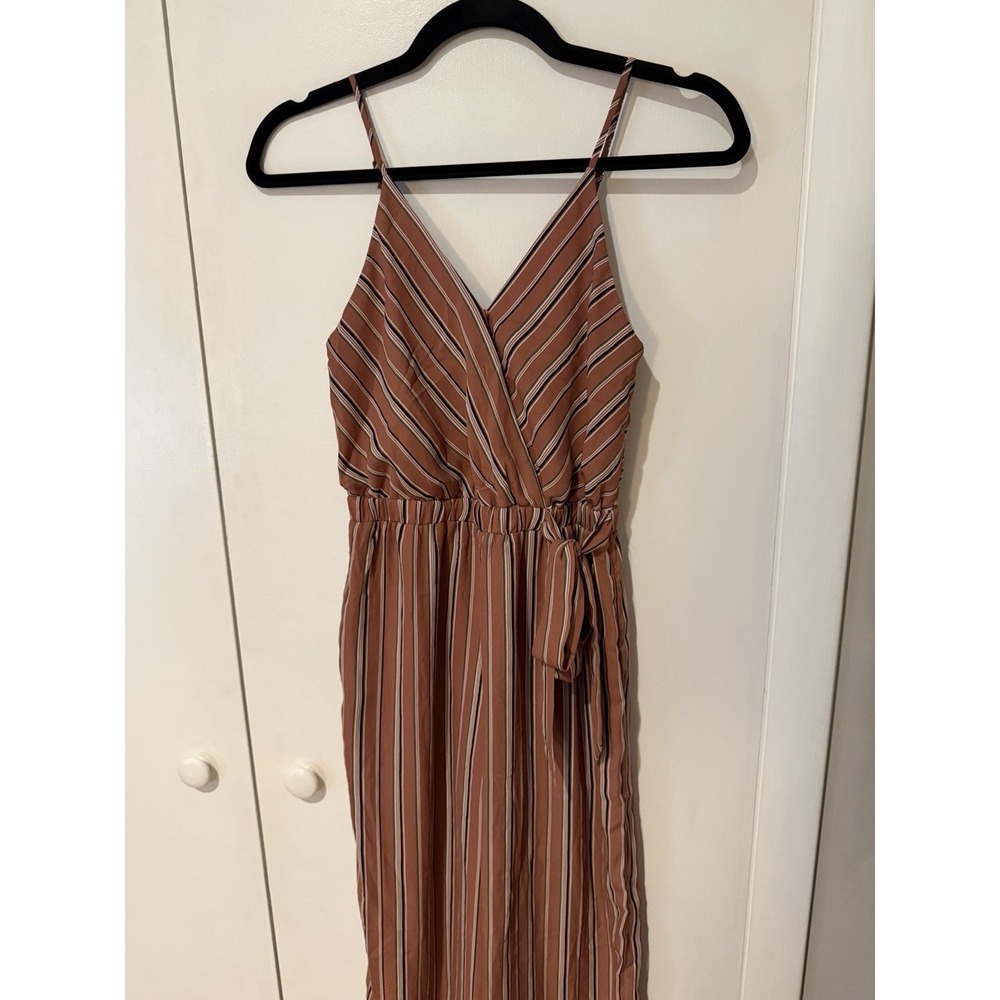 Sienna Sky Women's Size XS Long Romper Pinstriped Nude Pink Wide Leg Tie Waist